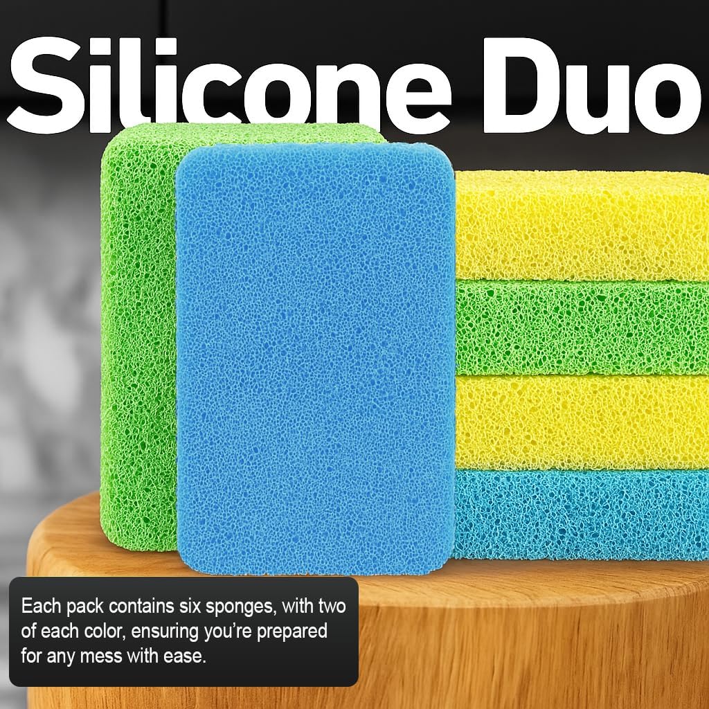 Casanero 6 Pack Silicone Dish Sponges, Heavy Duty Non Scratch Sponges for Dishwashing, Reusable Household Cleaning Sponges for Kitchen, Countertop, Bathroom, Non Stick Cookware or Car