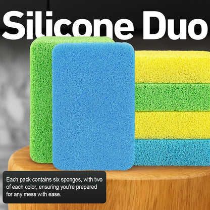 Casanero 6 Pack Silicone Dish Sponges, Heavy Duty Non Scratch Sponges for Dishwashing, Reusable Household Cleaning Sponges for Kitchen, Countertop, Bathroom, Non Stick Cookware or Car
