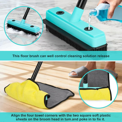 Rubber Broom Carpet Rake with Air Broom,Reusable Strong Grooming Gloves,Stainless Steel Handle, for Carpet Pet Hair Remover Hardwood Floor, Cleans Glass, Fine Dust, Hair, Liquid
