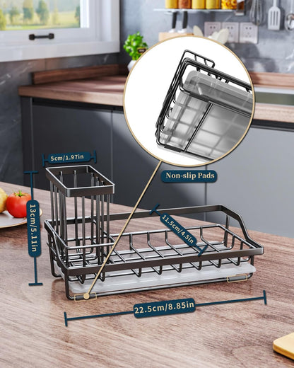 Consumest Sink Caddy, Kitchen Sponge Holder with Dish Brush Holder, Kitchen Organizer with Drip Tray for Countertop, Stainless Steel Rustproof - Silver