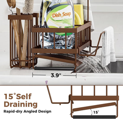 Sponge Holder for Kitchen Sink – Rustproof Stainless Steel with Detachable Drainboard, Brush Rack & Towel Bar | Compact, Non-Slip Design for Countertop Bathroom