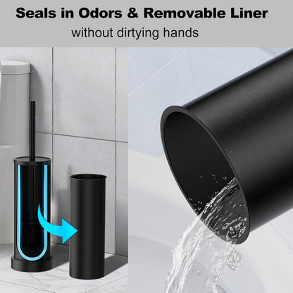 Black Toilet Brush and Holder Set，Stainless Steel Heavy Duty Toilet Bowl Brush，Extra Long Handled Modern Toilet Cleaner Brush with Replaceable Head, Removable Inner Bowl