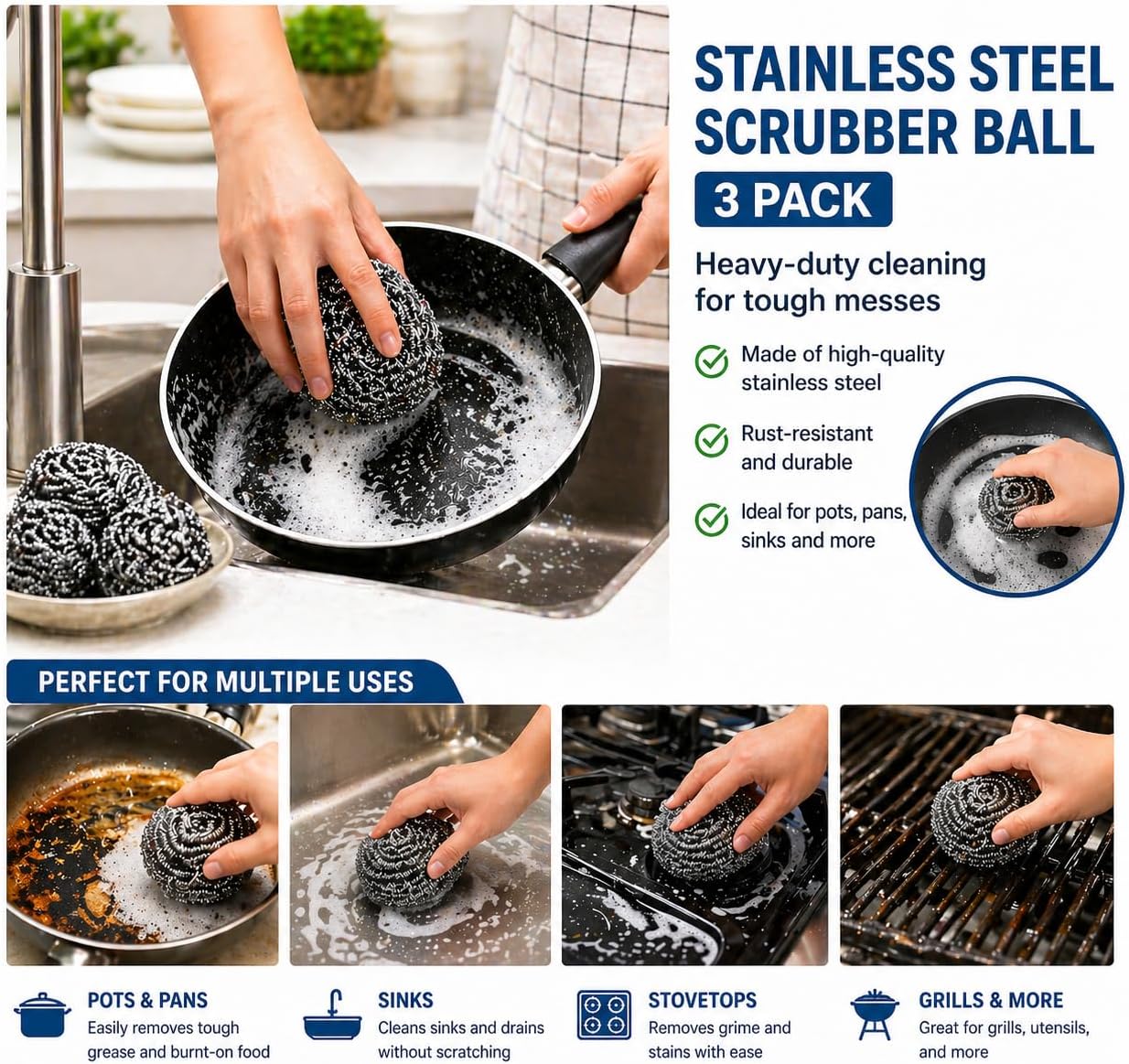 Stainless Steel Scrubber Balls 3 Pack, Heavy Duty Steel Wool Scouring Pads for Pots, Pans, Sink & Grill, Rust Resistant Kitchen Cleaning Scrubbers, Long Lasting (3)