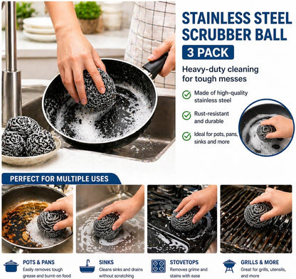 Stainless Steel Scrubber Balls 3 Pack, Heavy Duty Steel Wool Scouring Pads for Pots, Pans, Sink & Grill, Rust Resistant Kitchen Cleaning Scrubbers, Long Lasting (3)