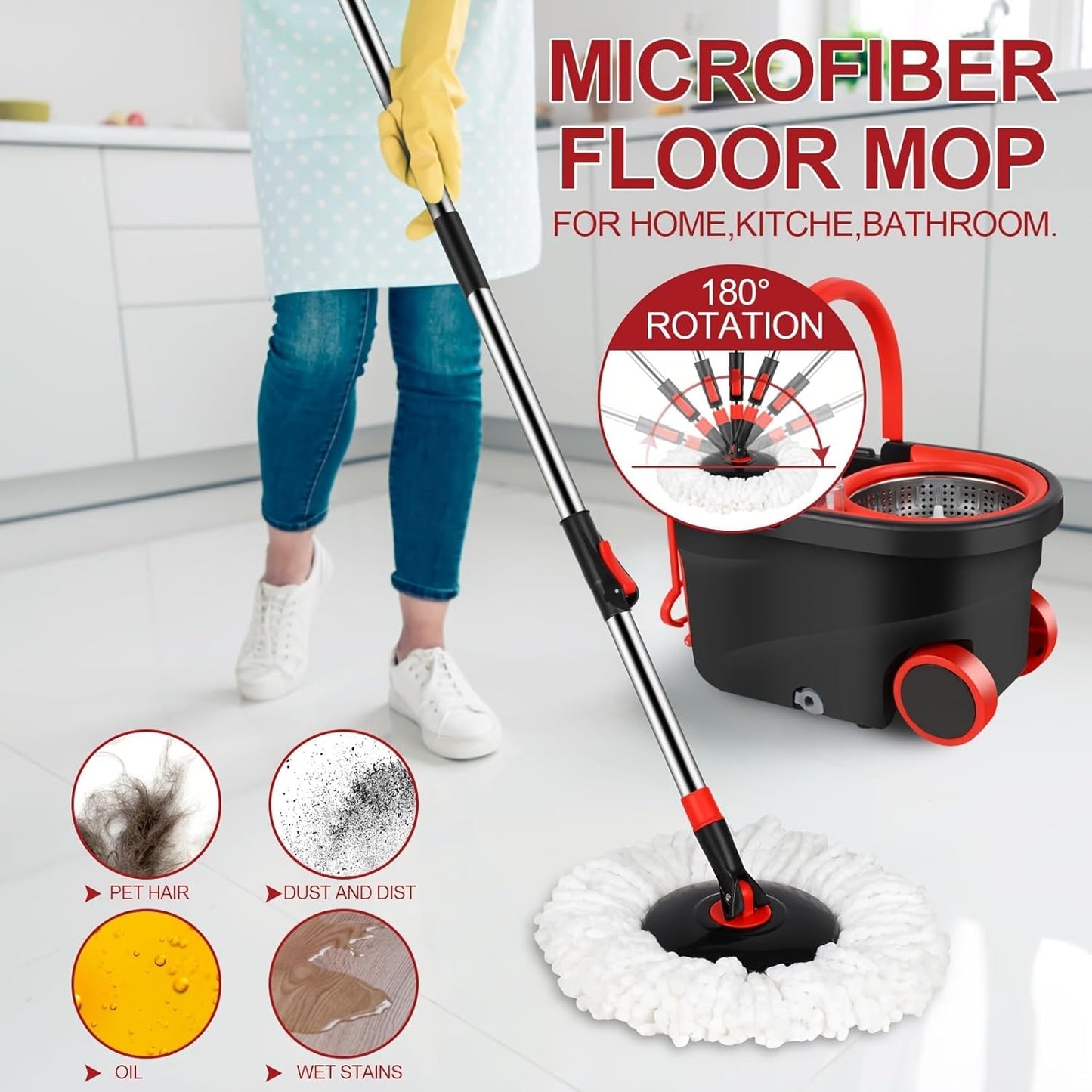 360° Spin Mop and Bucket System with Wringer - Includes 3 Microfiber Mop Refills & 50" Extended Handle for Floor Cleaning, Easy Squeeze, Efficient Home Cleaning Tool (Green)