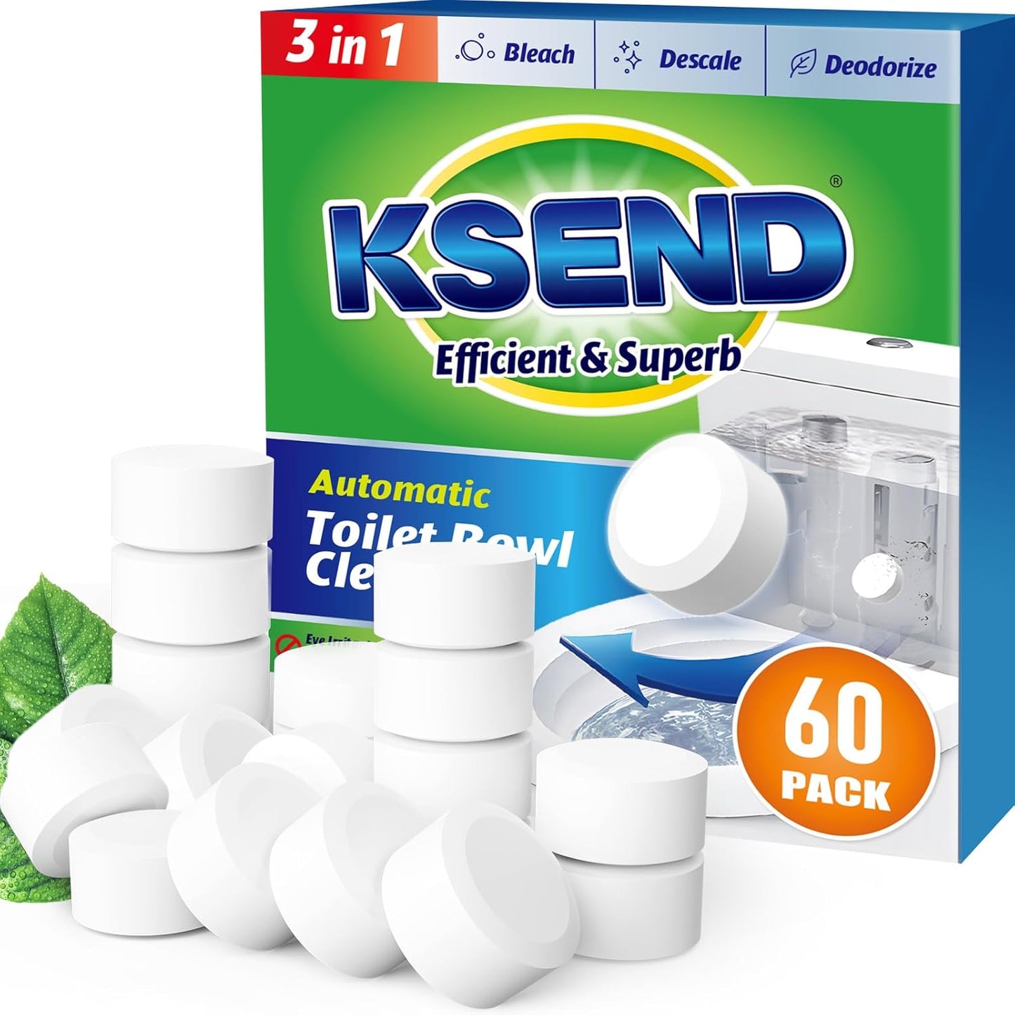 Ksend Toilet Bowl Cleaner Tablets - 20 PCS Automatic Bleach Toilet Cleaner Tablets, Slow-Releasing Deodorizing & Descaling, Powerful Bathroom Tank Cleaner