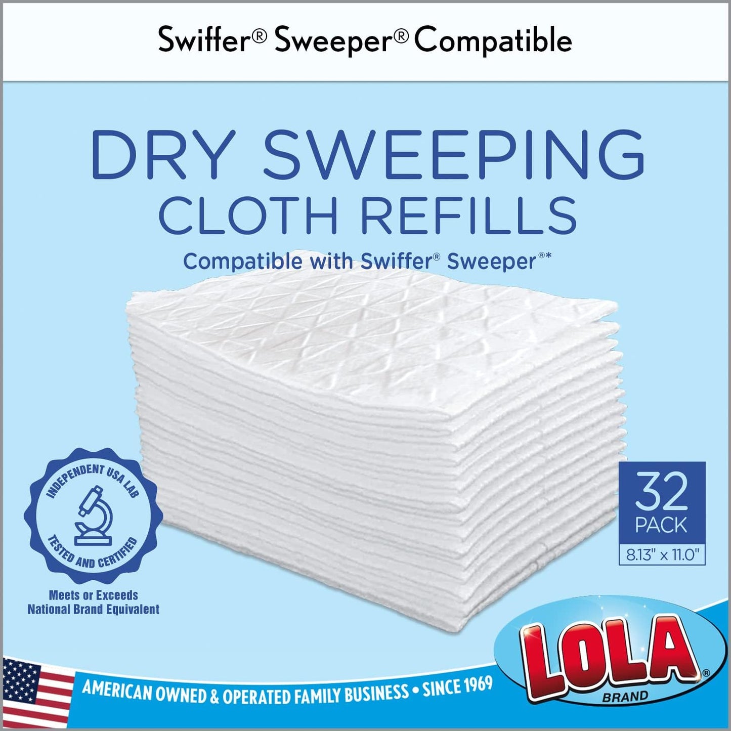 LOLA Dry Sweeping Cloth Refill Pads, 32 Pack, Unscented, Compatible with Swiffer Floor Mop, Comparable to Swiffer Refills, 11" x 8.13"