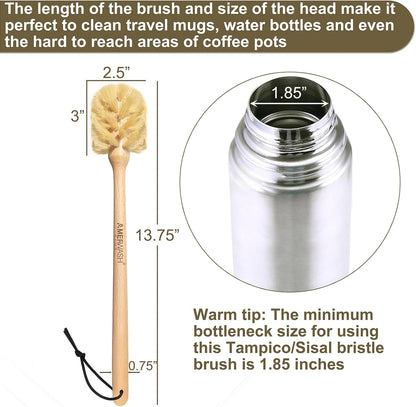 Bottle Brushes with Natural Bristles, 13-3/4 Inch Long Wood Handle Bottle Brush Cleans and Scrubs Wide Mouth Jars, Glasses, Vases, Mugs and Pitchers, Sisal + Horsehair Bristles 2 Pack