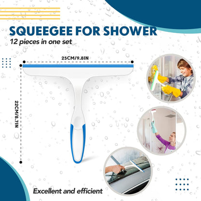 Dandat 12 Pcs Squeegee for Shower Glass Door 9.8'' Small Silicone Shower Squeegee for Doors Bulk with Hanging Hole for Bathroom Car Mirror Tile(Red, Blue, Green)