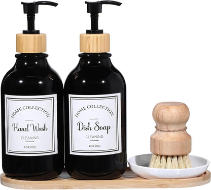 Zopeal 4 Pcs 16 oz Kitchen Soap Dispenser Set with Bamboo Tray and Dish Brush Plastic Soap Dispenser Set with Waterproof Labels for Hand Dish Lotion(Frosted Black)