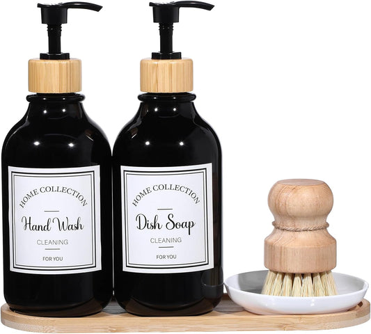 Zopeal 4 Pcs 16 oz Kitchen Soap Dispenser Set with Bamboo Tray and Dish Brush Plastic Soap Dispenser Set with Waterproof Labels for Hand Dish Lotion(Frosted Black)
