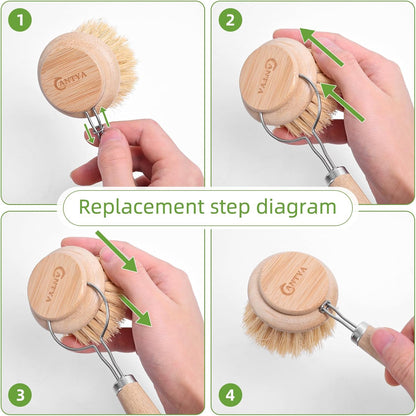 Bamboo Dish Brush with Handle - Soft Bristle, Non Toxic Dish Scrubber Compostable & Sustainable Bamboo Scrub Brush for Dishes, Pots and Pans
