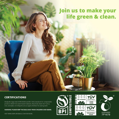 Simply Bio 60-65 Gallon Compostable Trash Bags Liners Flat-Top, Heavy Duty Extra Thick 2 Mil, 242.27 Liter, 12 Bags, Lawn, Yard, and Restaurant Use, ASTM D6400, US BPI, OK Compost Home Certified