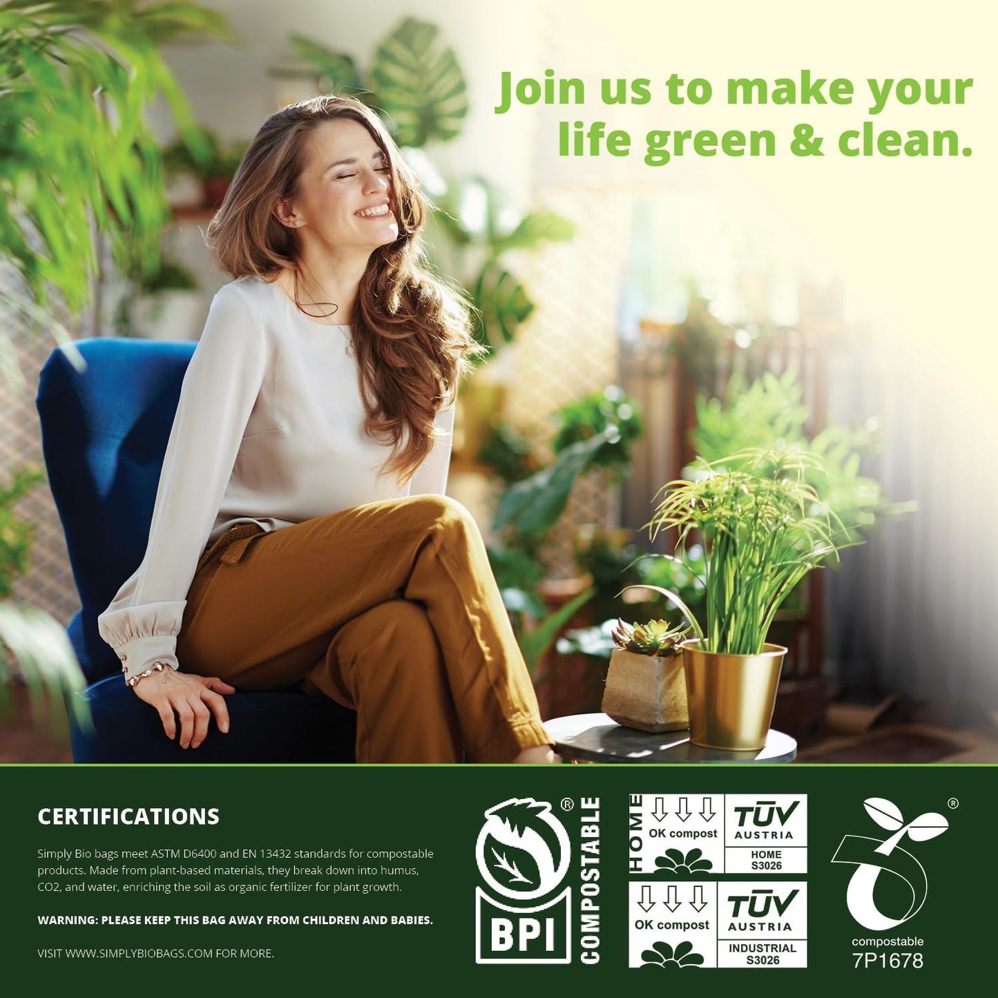 Simply Bio 13 Gallon Compostable Trash Bags Liners Drawstring, Heavy Duty Extra Thick 1 Mil, 49.21 Liter, 30 Bags, Tall Kitchen Food Scrap Waste Bag, ASTM D6400, US BPI and OK Compost Home Certified