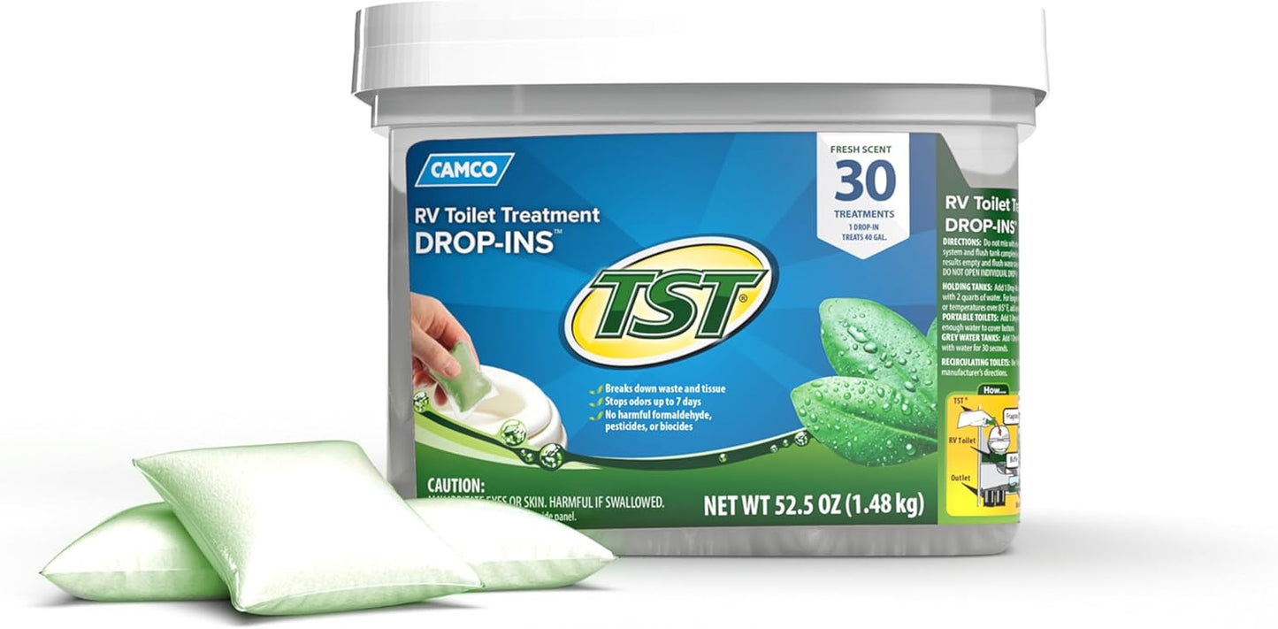 Camco TST MAX RV Toilet Treatment Drop-INs - Control Unwanted Odors & Break Down Waste and Tissue - Safe Septic Tank Treatment - Orange Scent, 30-Pack (41183)