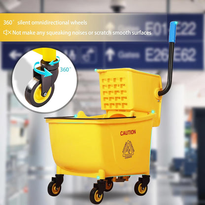 33 Qt Commercial Mop Bucket, with Side-Press Wringer on Wheels. Includes an Industrial Mop. Yellow Industrial Mop Bucket, Suitable for Home, Commercial, Restaurant Cleaning