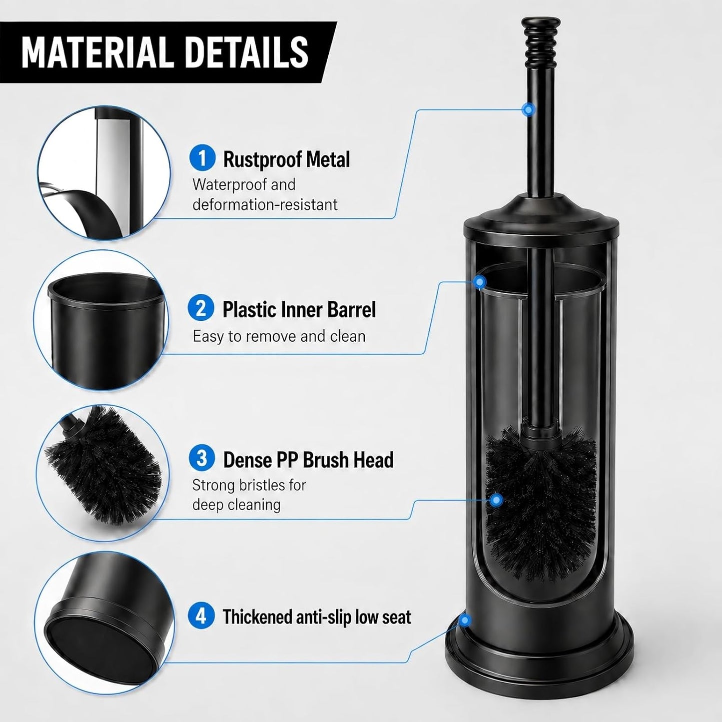Black Toilet Brush and Holder Set，Extra Long Handled Toilet Bowl Brush and Holder，Stainless Steel Heavy Duty Toilet Brush for Bathroom,Deep Cleaning Modern Toilet Cleaner Slip Base