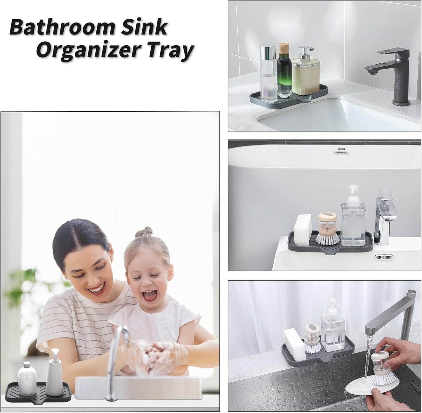 MicoYang Silicone Bathroom Soap Dishes with Drain Spout-Bathroom and Kitchen Sink Organizer,Sponge Holder,Dish Soap Tray,Perfect for Dispenser,Scrubber,Bottle,Cup on Sink or Counter-Black 4.9"×3.2"