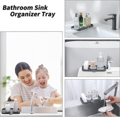MicoYang Silicone Bathroom Soap Dishes with Drain Spout-Bathroom and Kitchen Sink Organizer,Sponge Holder,Dish Soap Tray,Perfect for Dispenser,Scrubber,Bottle,Cup on Sink or Counter-Black 4.9"×3.2"