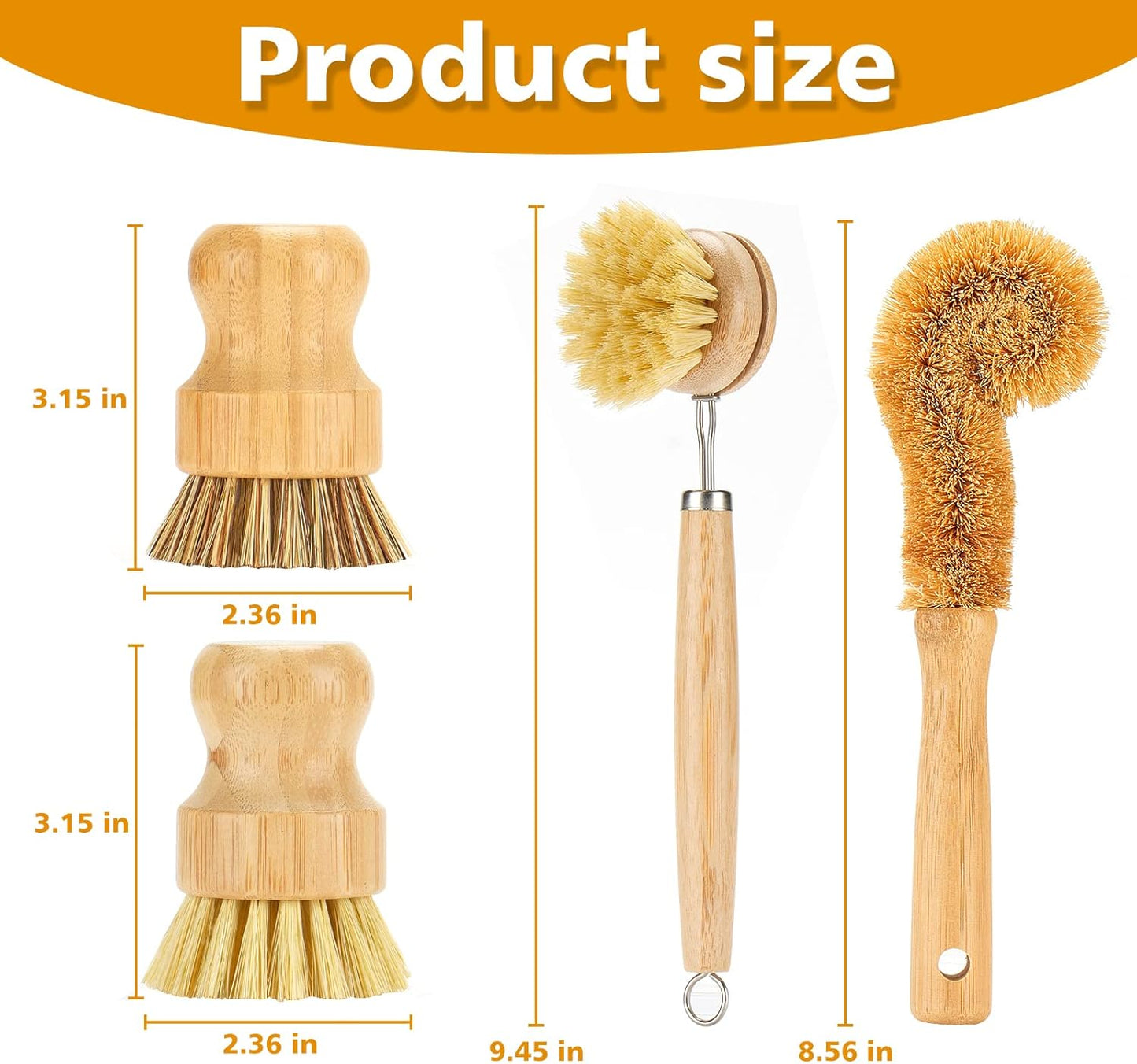 SAMEBUTECO Bamboo Dish Brushes Sets 4 Tools in One Kitchen Clean Dish Scrubber for Pots Pans Bottles with Natural Bristles (Bamboo Brushes Sets)