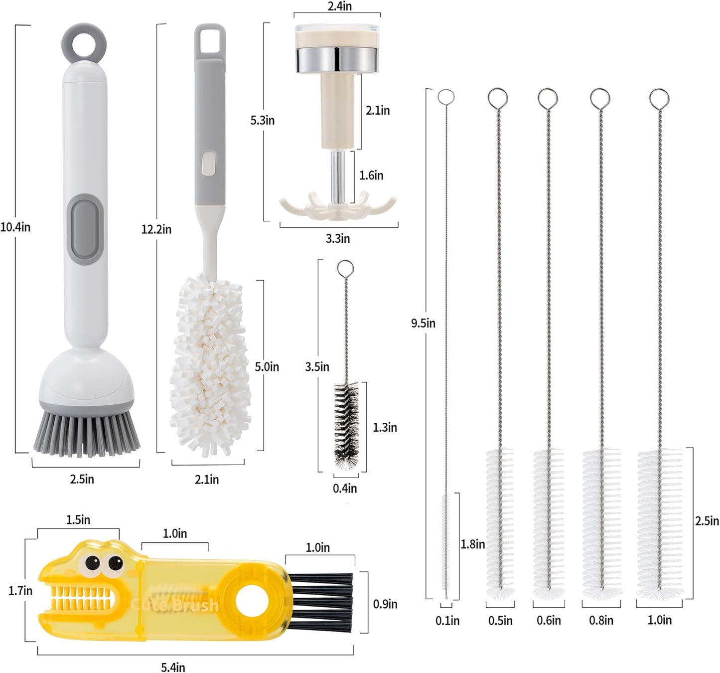 Five-Piece Bottle Brush Cleaning Set Includes 4 Straw Cleaning Brushes and 1 Cup Brush with Detachable Long Handle. Suitable for Cleaning Straws, Glasses, and Water Cups.