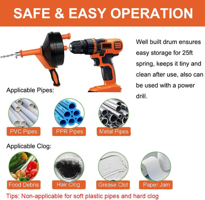 Drain Auger, Clog Remover with Drill Adapter, 25 Feet Flexible Plumbing Snake Use Manually or Powered for Kitchen, Bathroom and Shower Sink, Comes with Gloves (orange)