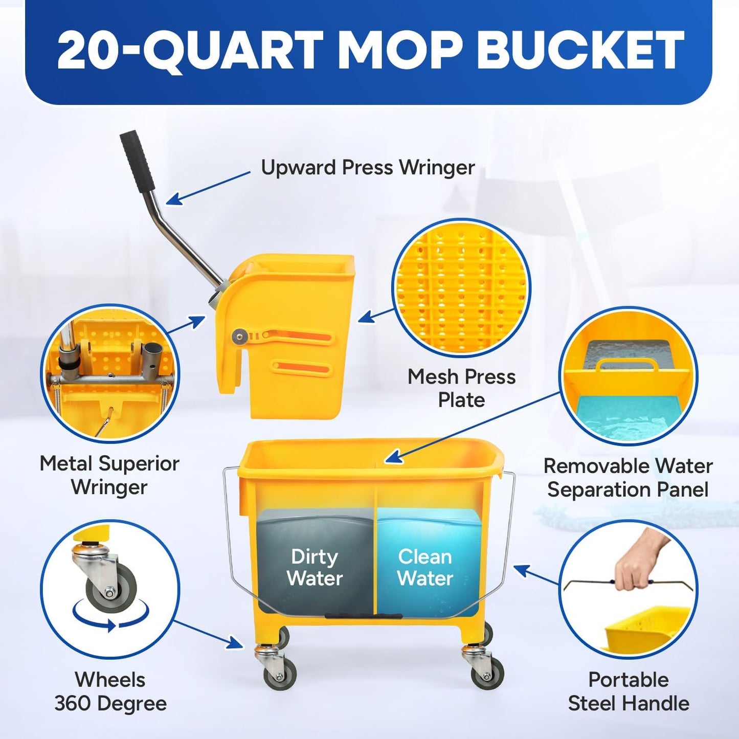 PLASTIC PRINCE Small Mop Bucket with Wringer on Wheels 5 Gallon, Heavy Duty Dual Chamber Mop Bucket Separate Dirty Water, Perfect for Household, 20 Quart Yellow