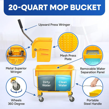 PLASTIC PRINCE Small Mop Bucket with Wringer on Wheels 5 Gallon, Heavy Duty Dual Chamber Mop Bucket Separate Dirty Water, Perfect for Household, 20 Quart Yellow