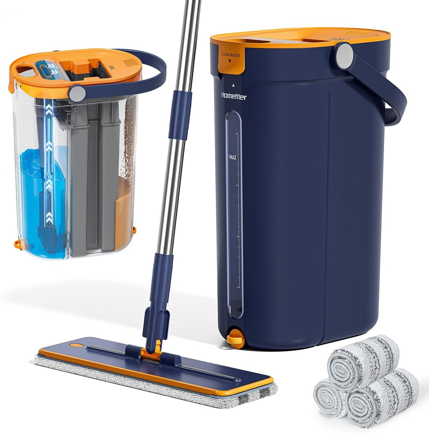 HoMettler Mop and Bucket Set with Wringer, 3-Tank Flat Mop and Bucket System, Wall Mop Cleaner with Long Handle, Hands Free Mops for Floor Cleaning with 4 Microfiber Pads