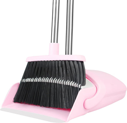 BSKLIN Pink Broom and Dustpan Set, 52-in Handle Broom Dustpan Combo Set Household Hand Broom with Dustpan Teeth to Clean Hair for Home Kitchen Office Lobby Sweeping Indoor（Pink）