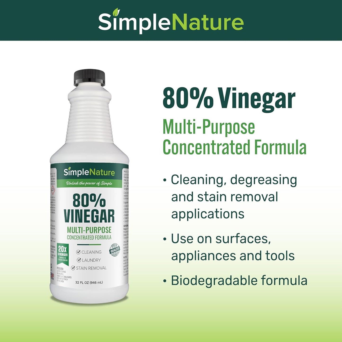 SimpleNature 45% Vinegar (1 Gallon) - Highly Concentrated Vinegar for Heavy-Duty Cleaning Power for Home & Patio, Limescale Removal & DIY Formulas - Dilutes Easily - Free of Dyes or Fragrance