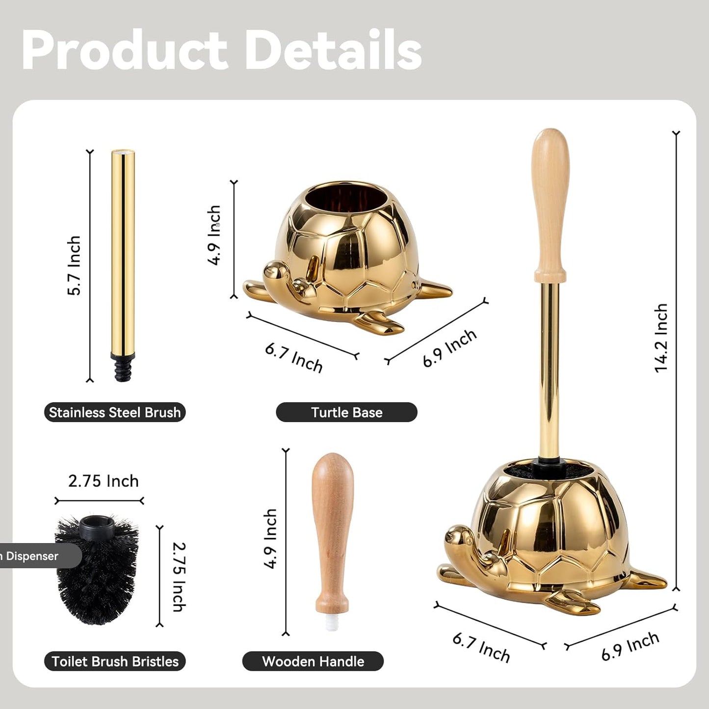 Turtle Base Toilet Brush Set - Gold Ceramic Toilet Scrubber Brush 7.5” Bowl Cleaner with Ergonomic Handle, Mini Cute Bathroom Cleaning Brush - Bathroom Decor