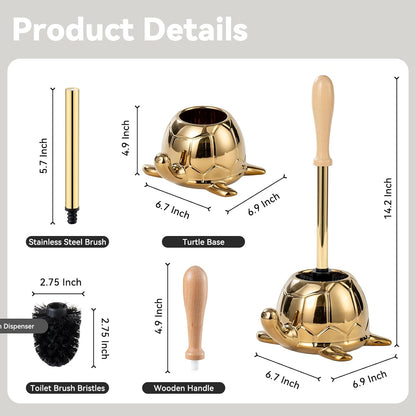 Turtle Base Toilet Brush Set - Gold Ceramic Toilet Scrubber Brush 7.5” Bowl Cleaner with Ergonomic Handle, Mini Cute Bathroom Cleaning Brush - Bathroom Decor