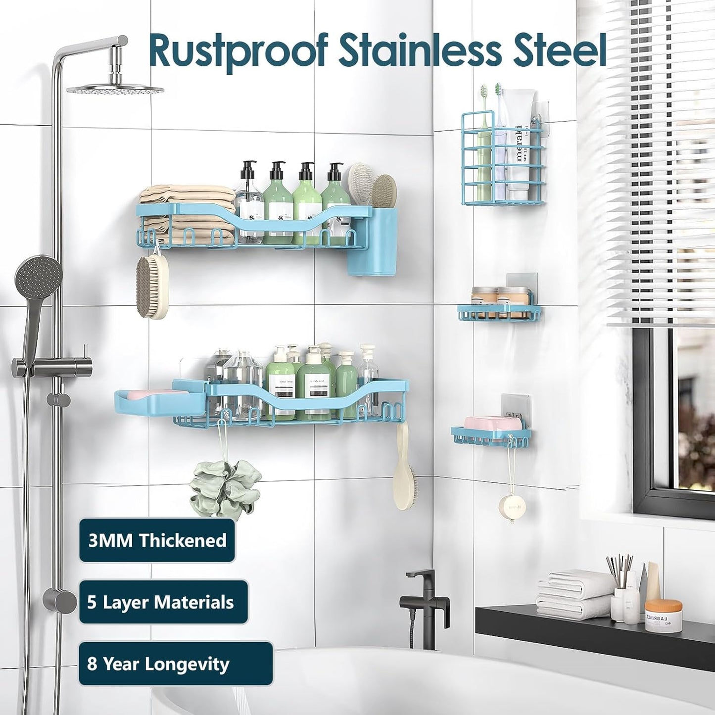 NESOMI Shower Caddy Adhesive Shower Organizer 7-Pack, Rustproof Stainless Steel Bathroom Shelves, Large Capacity No-Drill Rack Storage Accessories with Soap Dish Toothbrush Holder &24 Hooks Home Decor