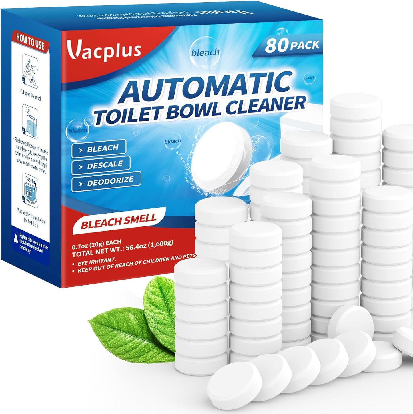 Vacplus Toilet Bowl Cleaner Tablets 20 PACK, Automatic Cleaners with Bleach, Slow-Releasing Toilet Tank Cleaners for Deodorizing & Descaling, Household Toilet Cleaners against Tough Stains