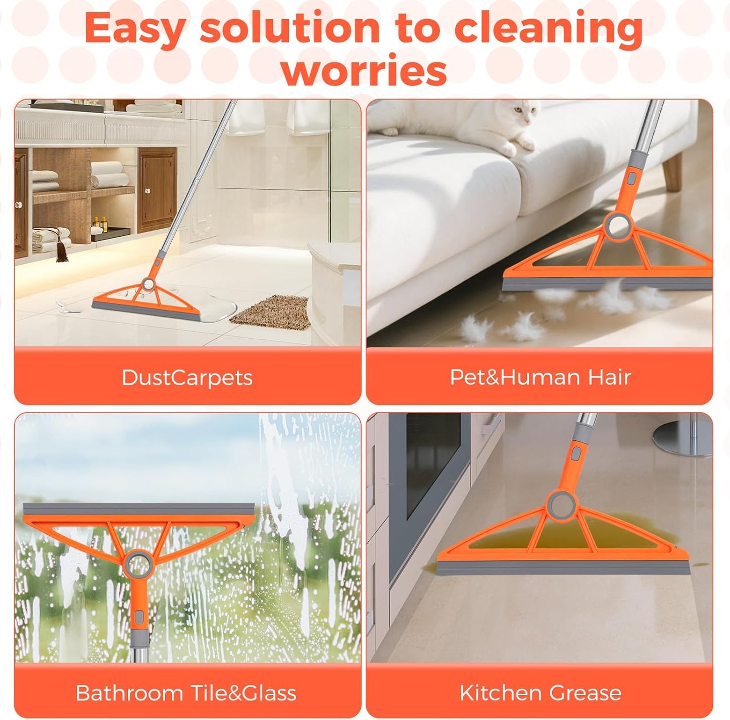 wlich 2-in-1 Air Broom, 180° Rotating 54 Inch Adjustable Silicone Rubber Broom Includes 2 Scraping Strips, Sweep and Silicone Tools with Long Handle for Cleaning Bathrooms,Glass,Tiles,Pet Hair