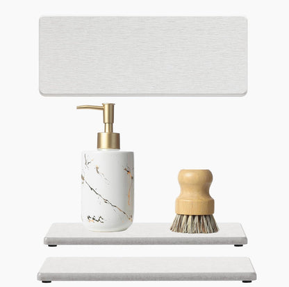 2PCS Water Absorbing Stone Drying Tray for Kitchen Counter & Bathroom Sink, Diatomite Faucet Splash Guard, Soap Dispenser Rack & Sponge Holder Caddy Organizer, Marble White (Printed Pattern), 9"x 3.5"