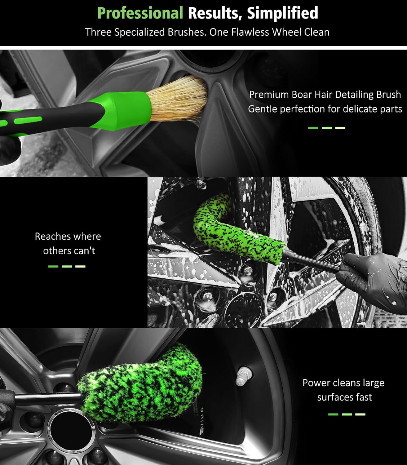 YeewayVeh 8PCS Ultimate Wheel and Tire Brush Kit | 2-Size 360° Bendable Rim Brushes, Boar Hair Detailing Brush, Tire Shine Applicators & Microfiber Towel | Complete Scratch-Free Cleaning & Shining Set
