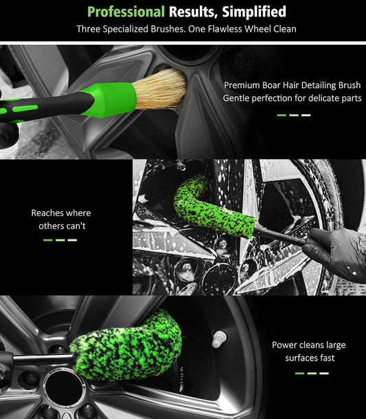 YeewayVeh 8PCS Ultimate Wheel and Tire Brush Kit | 2-Size 360° Bendable Rim Brushes, Boar Hair Detailing Brush, Tire Shine Applicators & Microfiber Towel | Complete Scratch-Free Cleaning & Shining Set