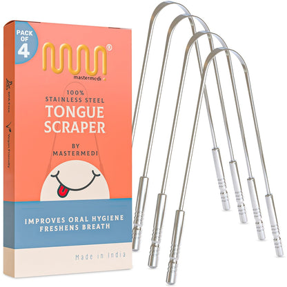 MasterMedi Tongue Scraper for Adults, 100% Stainless Steel Tongue Scrubber for Bad Breath, Easy to Use, Tongue Cleaner for Oral Care & Hygiene (SS Uni|Pack of 2)