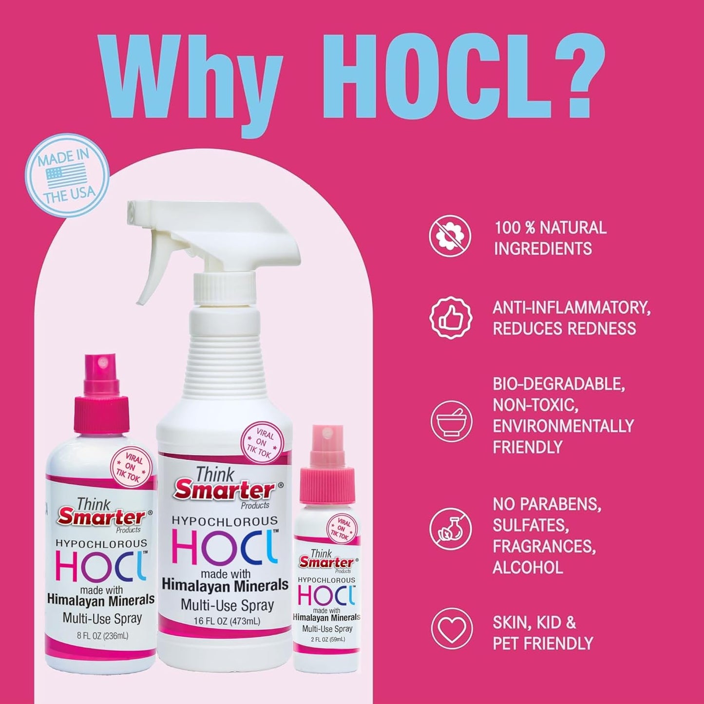 Think Smarter Products HOCL All-Purpose Cleaner with Hypochlorous Acid, All-Natural Surface Cleaner, & Skin Hydrator 8fl oz Clear Spray
