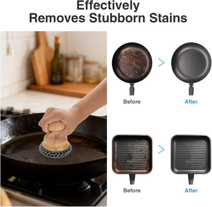 Cast Iron Scrubber and Scraper,Chain Mail Cleaner with Bamboo Handle & Draining Tray,316 Stainless Steel Brush for Cleaning Pots,Pans,Wok,Bakeware,Griddles, Grills,Dishes (Small Chain Mail)