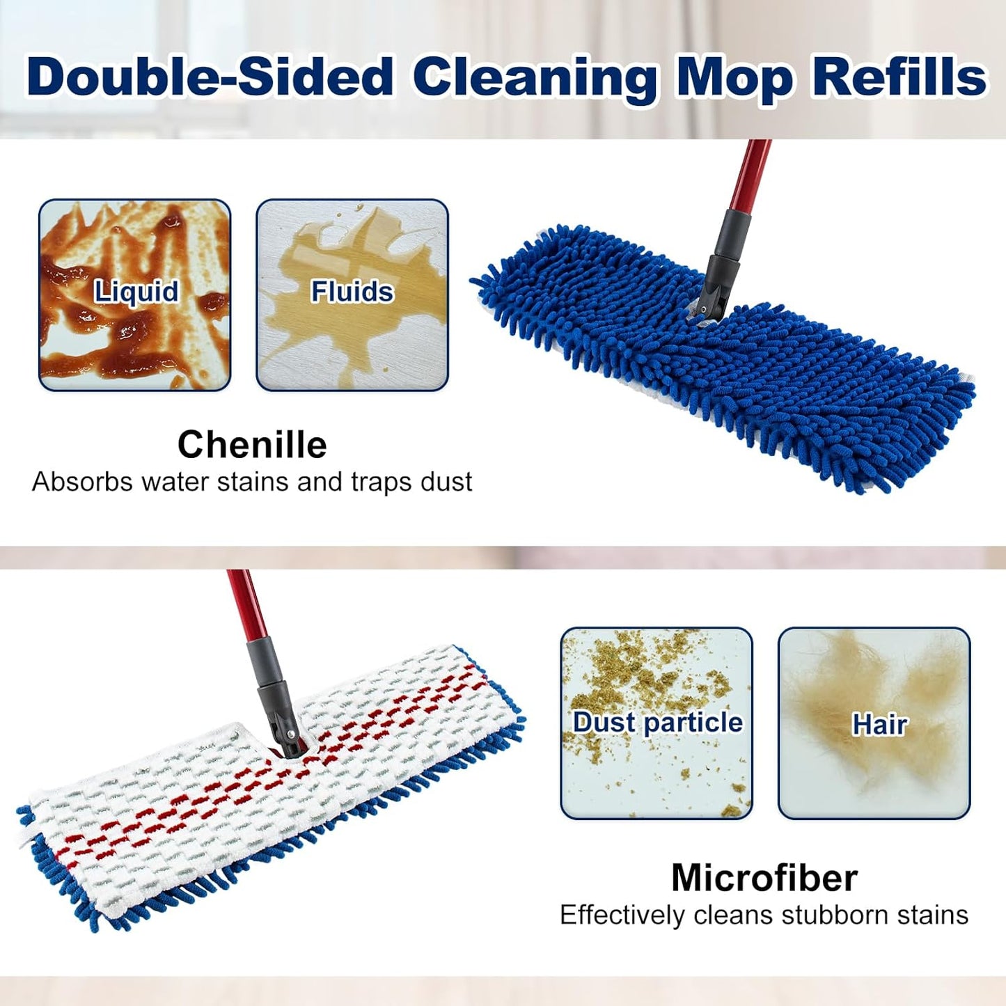 4 Pack Mop Heads Replacements Compatible with O-cedar Dual-Action Flip Mop,Microfiber&Chenille Mop Replace Head for Dry/Wet Use,Double-sided,Reusable and Washable Dust Mop Refills for Floor Cleaning