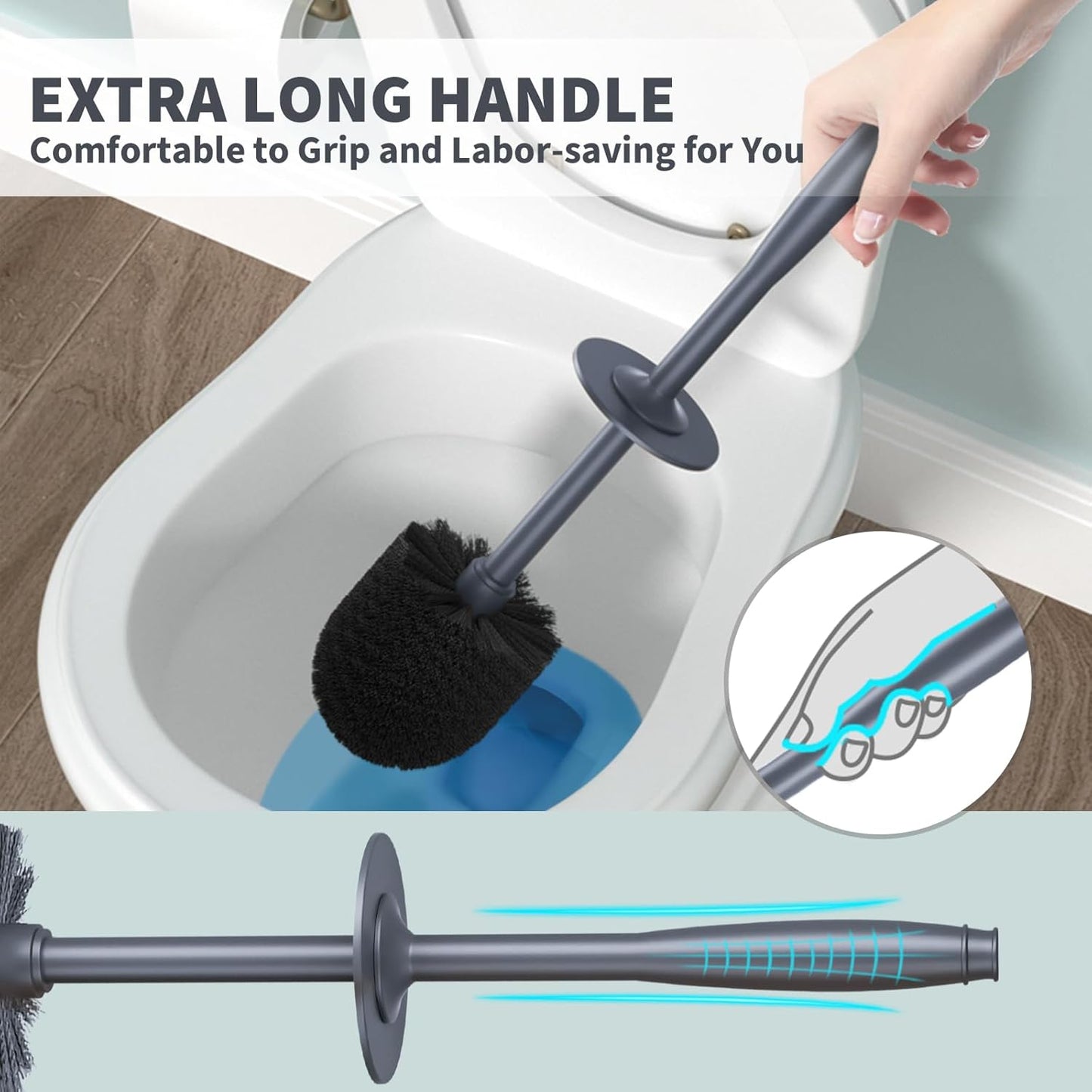 Toilet Brush, Toilet Bowl Brush with Extra Long Handle Durable Bristles Toilet Scrubber and Covered Holder for Toilet Brush Set for Bathroom Cleaning (Black, 1 Set)