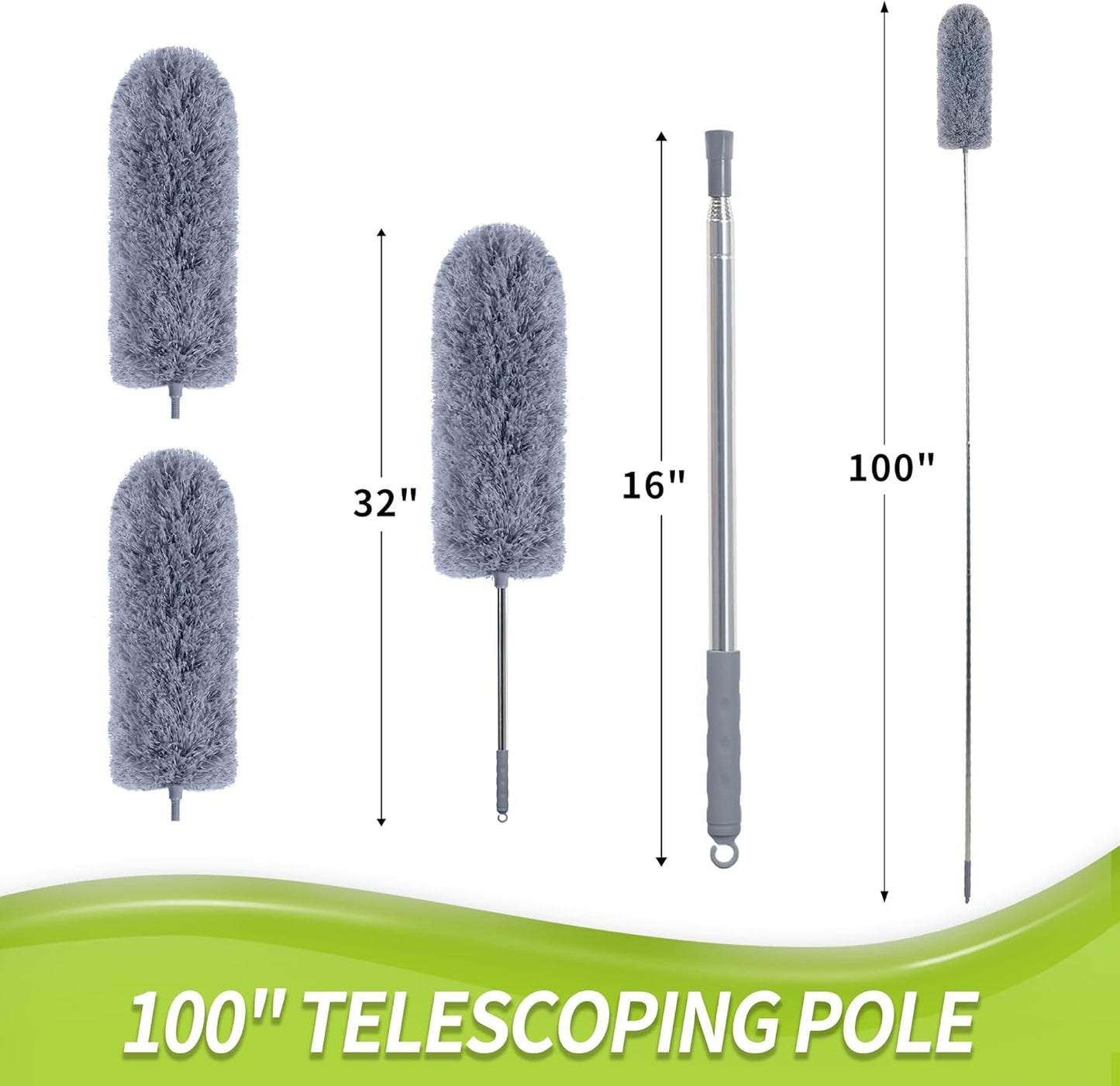IVYROLL Cobweb Duster with Extension Pole, Spider Web Brush & Ceiling Cleaning Kit, 100" Microfiber Feather Duster Cleaner with Washable Head for Ceiling Fan, Furniture, Home