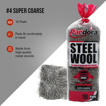 Pandora Steel Wool #2 – Coarse Grade, 16 Pads for Cleaning and Removing - Quality Metal Strands - Ideal to Remove Floor Scuff Marks and Old Wax