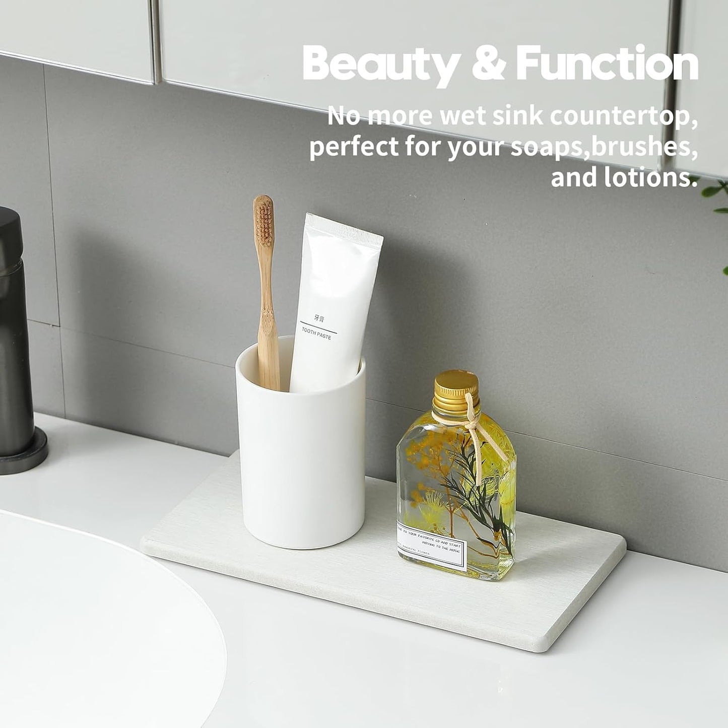 2PCS Water Absorbing Stone Drying Tray for Kitchen Counter & Bathroom Sink, Diatomite Faucet Splash Guard, Soap Dispenser Rack & Sponge Holder Caddy Organizer, Marble White (Printed Pattern), 9"x 3.5"