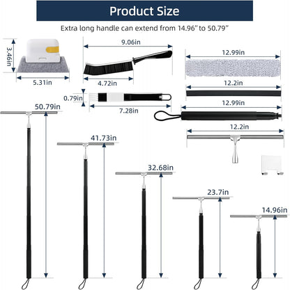 12-51’’ Telescopic Window Squeegee for High Windows, 2-in-1 Window Cleaning Kit with Extra Silicone Blade & Hook, Professional Squeegee for Shower Glass Doors (Window Squeegee for Home)