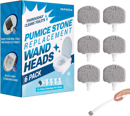 Impresa 6-Pack Pumice Stone Toilet Bowl Cleaner Refill Heads - Compatible with Clorox Toilet Wand Refills - Reusable Natural Stone Scrub Heads for Tough Stains