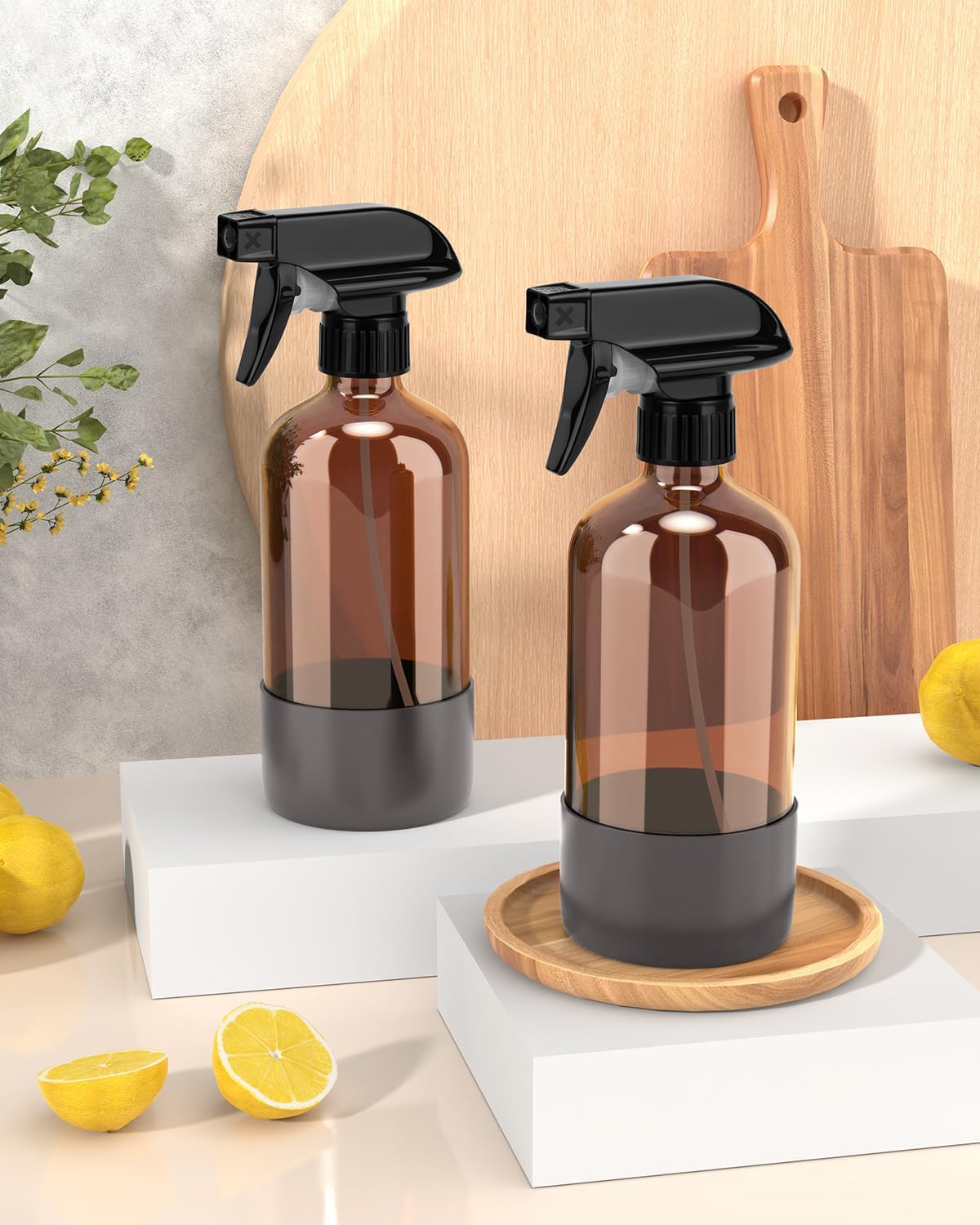 Bontip Glass Spray Bottle with Silicone Sleeve Protection, Amber Glass Spray Bottle Set for Window Cleaner Aromatherapy Facial Hydration Watering Flowers Hair Care 2 Pack/16 oz (Black & Brown)